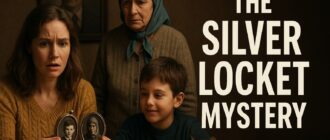 A shocked woman holds an open silver locket revealing two faded black-and-white portraits, while an elderly woman looks on with guilt and a young boy smiles beside her. Large text on the right reads ‘The Silver Locket Mystery.