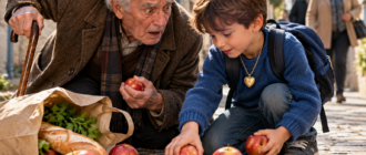 Un petit garçon aide un grand-père âgé à ramasser des pommes tombées dans une rue de village