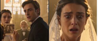 Un garçon de neuf ans montre une vieille photographie à un millionnaire devant l'autel pendant que sa fiancée reste figée