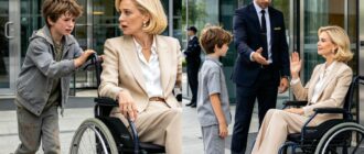 Un petit garçon aux vêtements usés tient la main d'une millionnaire blonde en fauteuil roulant devant un immeuble moderne.