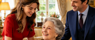 Élise découvre une vieille photographie devant Marguerite et Antoine dans le salon luxueux d'une villa française.