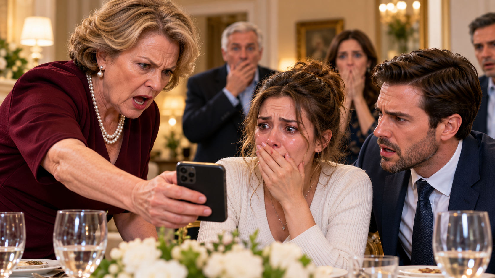 Colette montre une vidéo de surveillance familiale à Émilie et Thomas devant des invités choqués